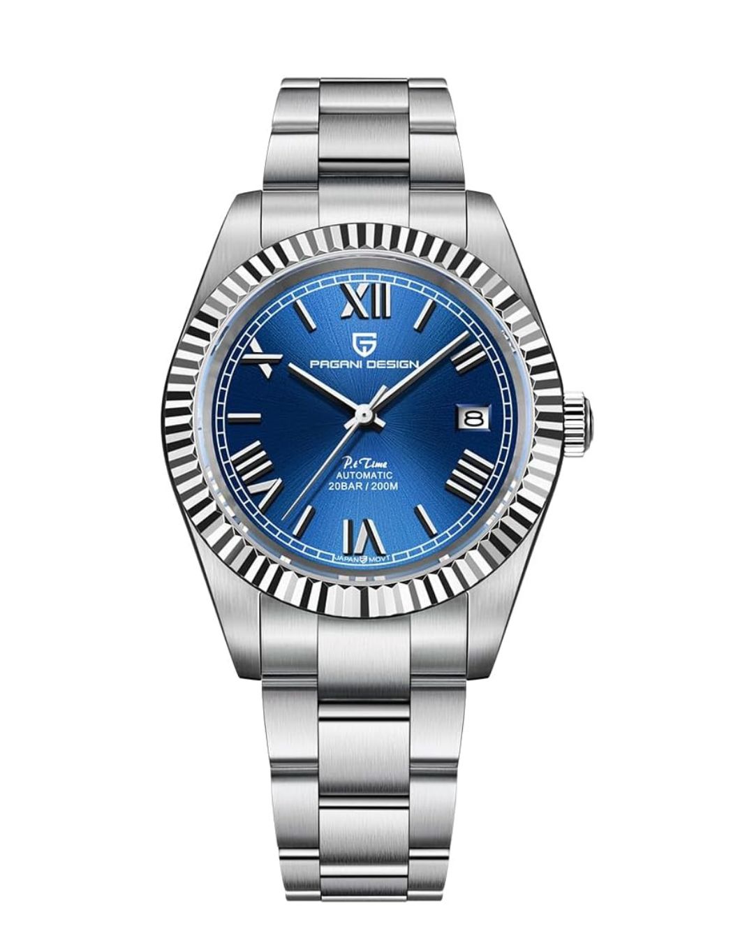 Pagani Design Date Just Numeros Romanos, Zafiro, NH35 Seiko, 200mts